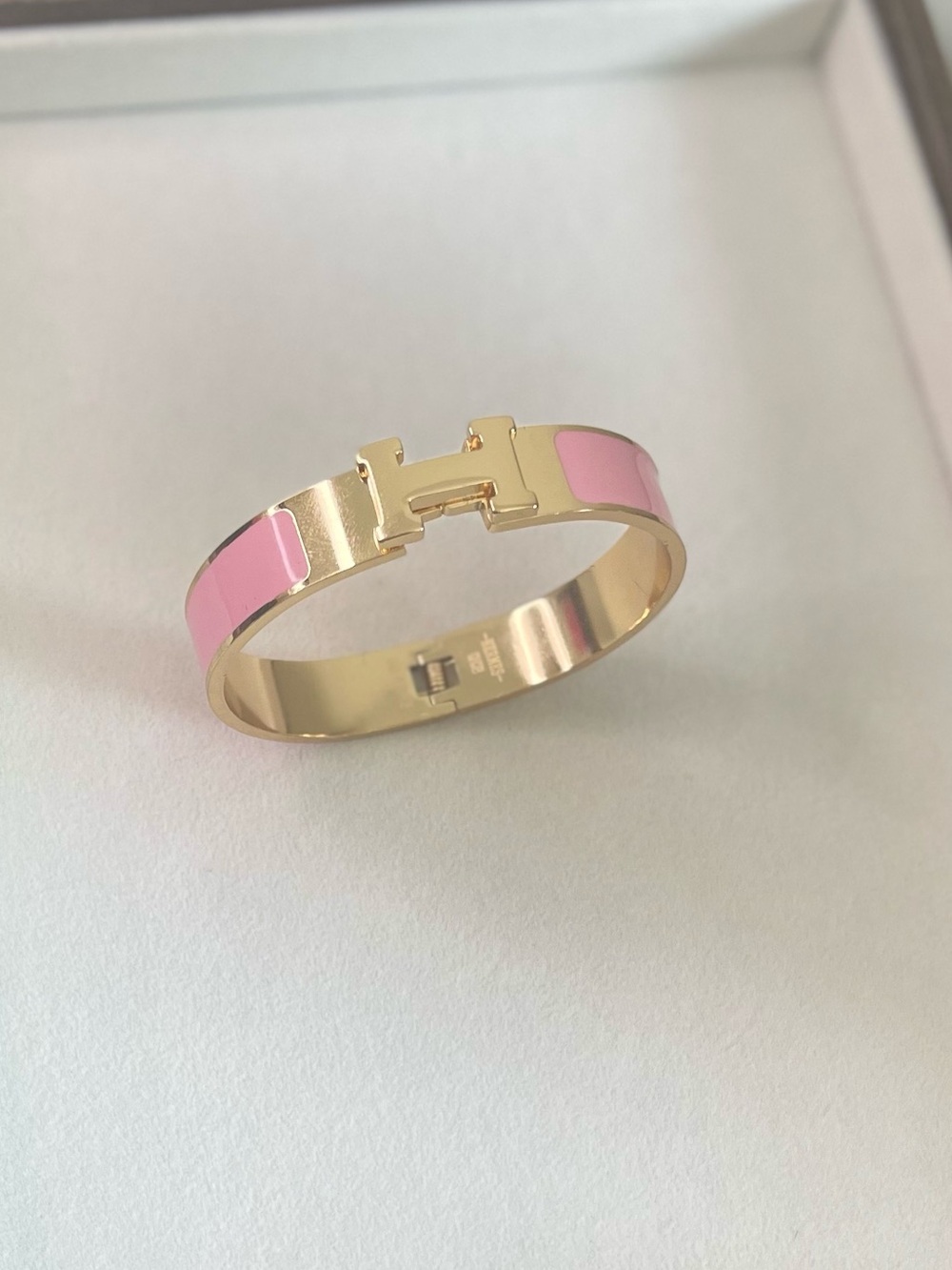 Designer Inspired Pink Enamel Gold 'H' Narrow Bangle